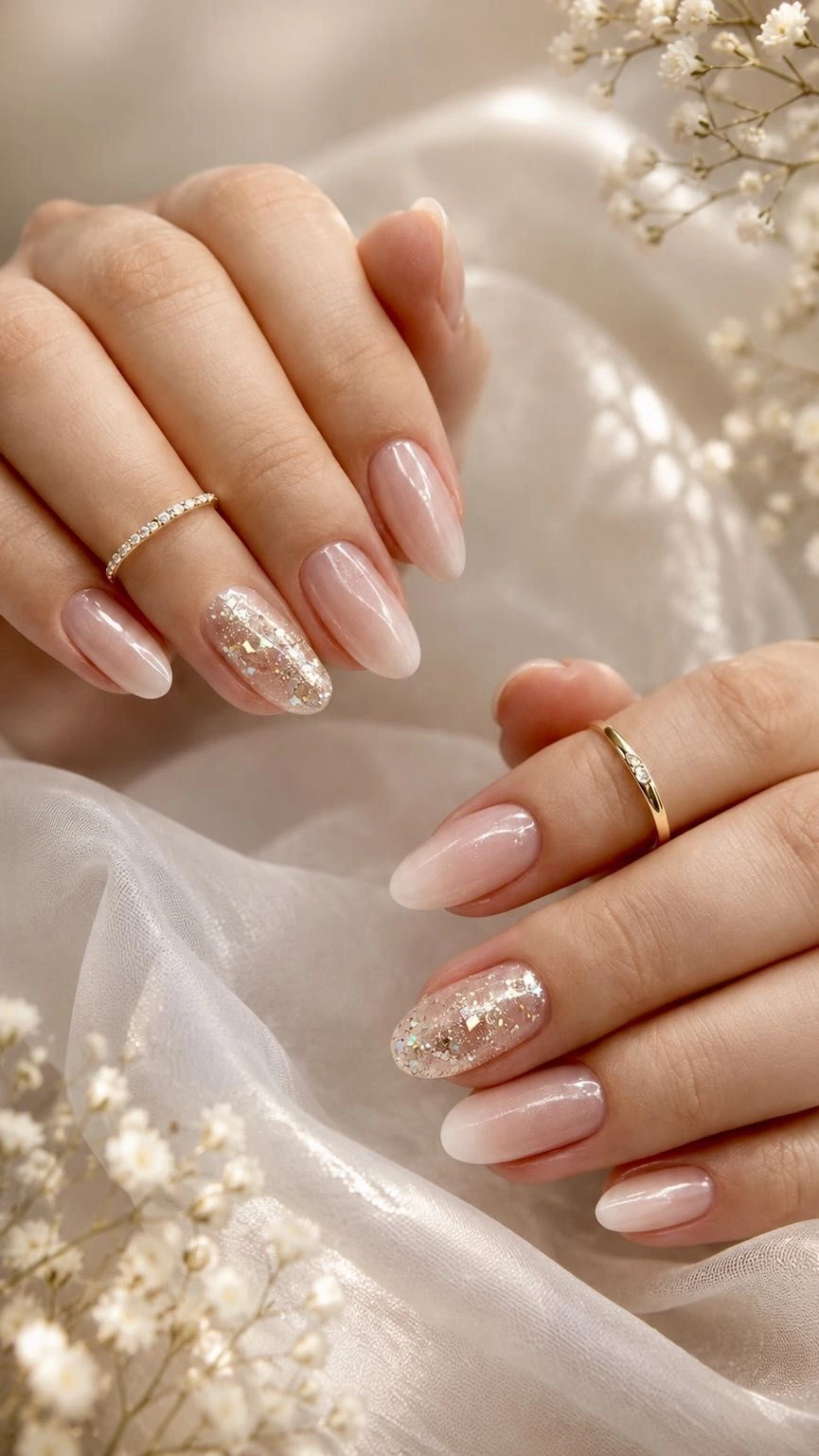 Unhas nude rosadas com glitter em composição de estúdio